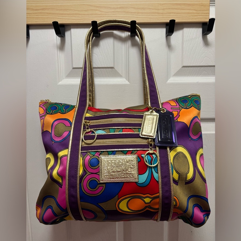 Coach Multicolor Signature Print Tote with Gold Accents Rare